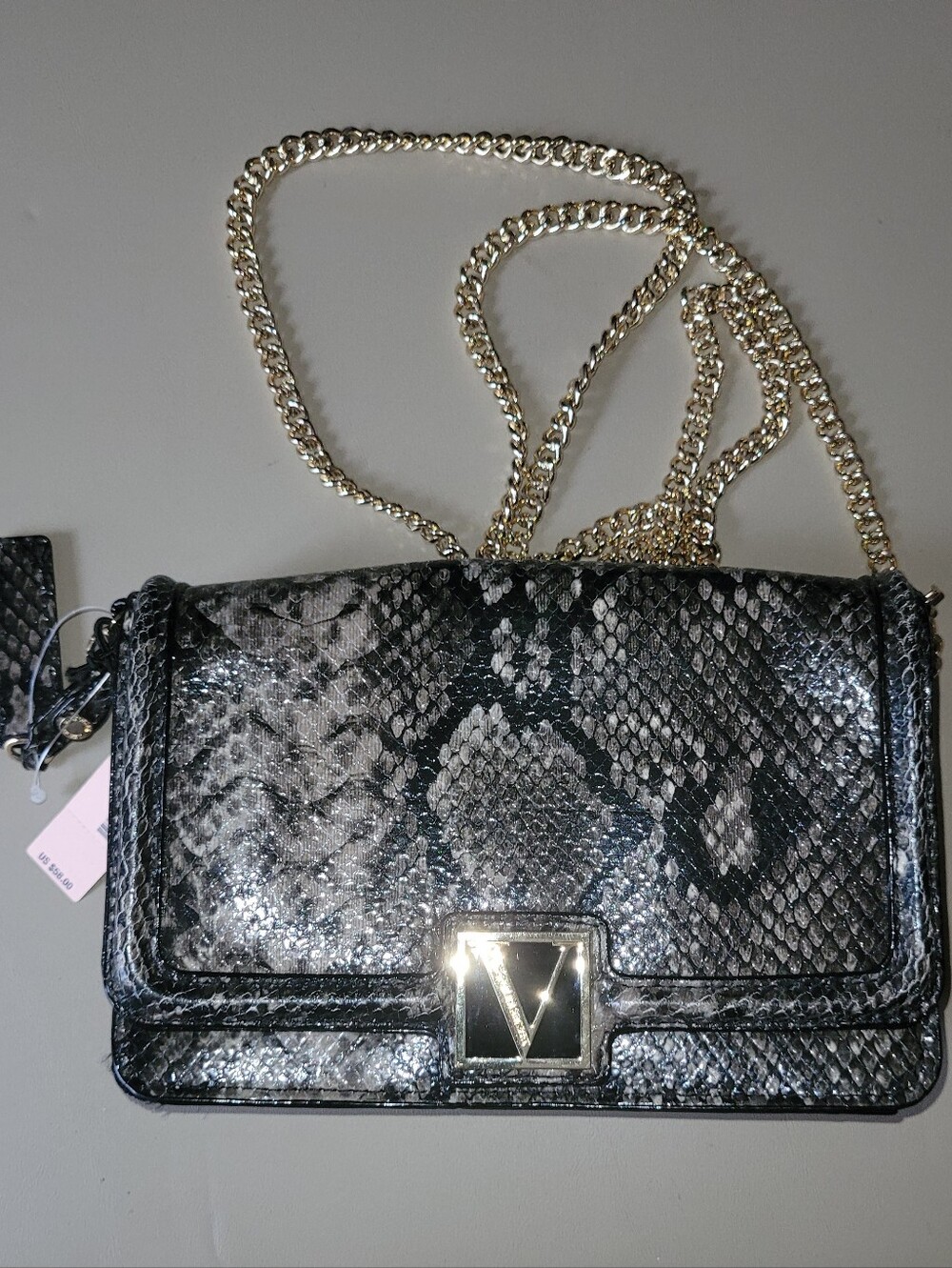 NWT - Victorias Secret - V-Emblem Black & Silver Snake-Print Chain Shoulder Bag.